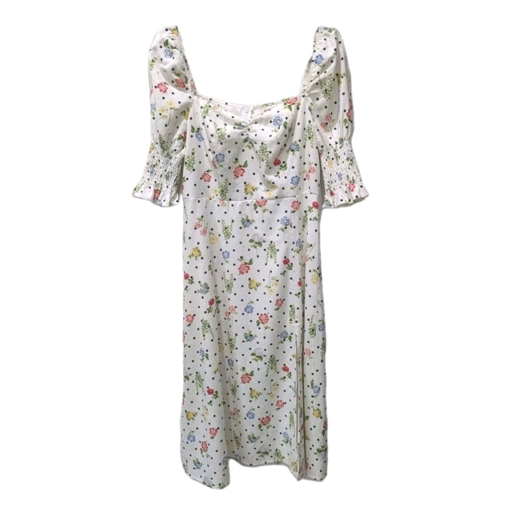 Mi Ami Cottagecore Floral Midi‎ Linen Dress Large Polka Dot Puff Sleeve Lined